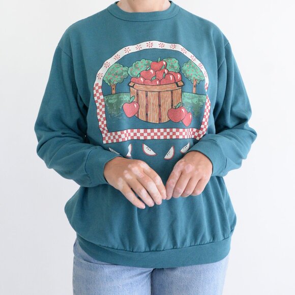Vintage Blair Teal Apple Orchard Festive Harvest Crewneck Sweater L - Picture 2 of 12
